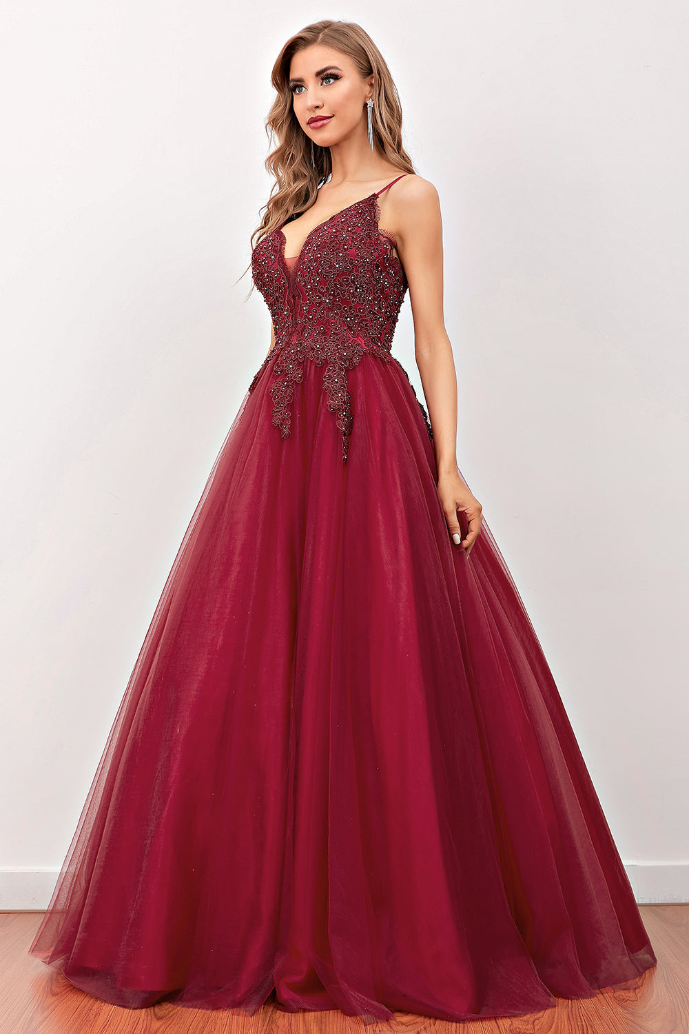 Burgundy Beaded Long Prom Dress - Fashionpara