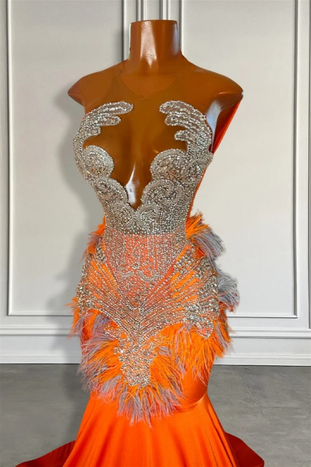 Beautiful Orange Sleeveless Illusion Mermaid Prom Party Dresses With Beads and Feathers - Fashionpara