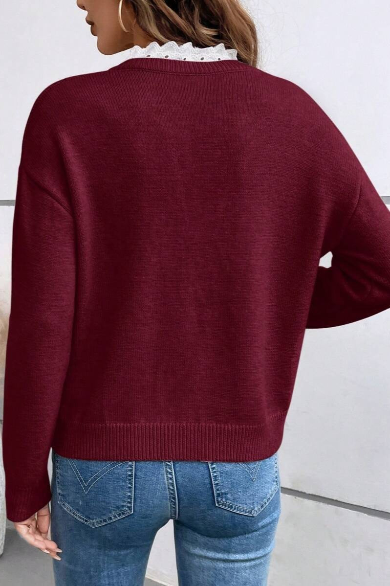 Scalloped Lace V Neck Pullover Knit Sweater