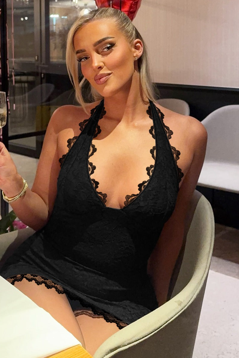 Lace Halter Neck Deep V-Neck Backless Bodycon Mini Dress - View 10