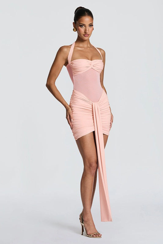 Halter Sweetheart Twist-Front Ruched Sash Mini Dress