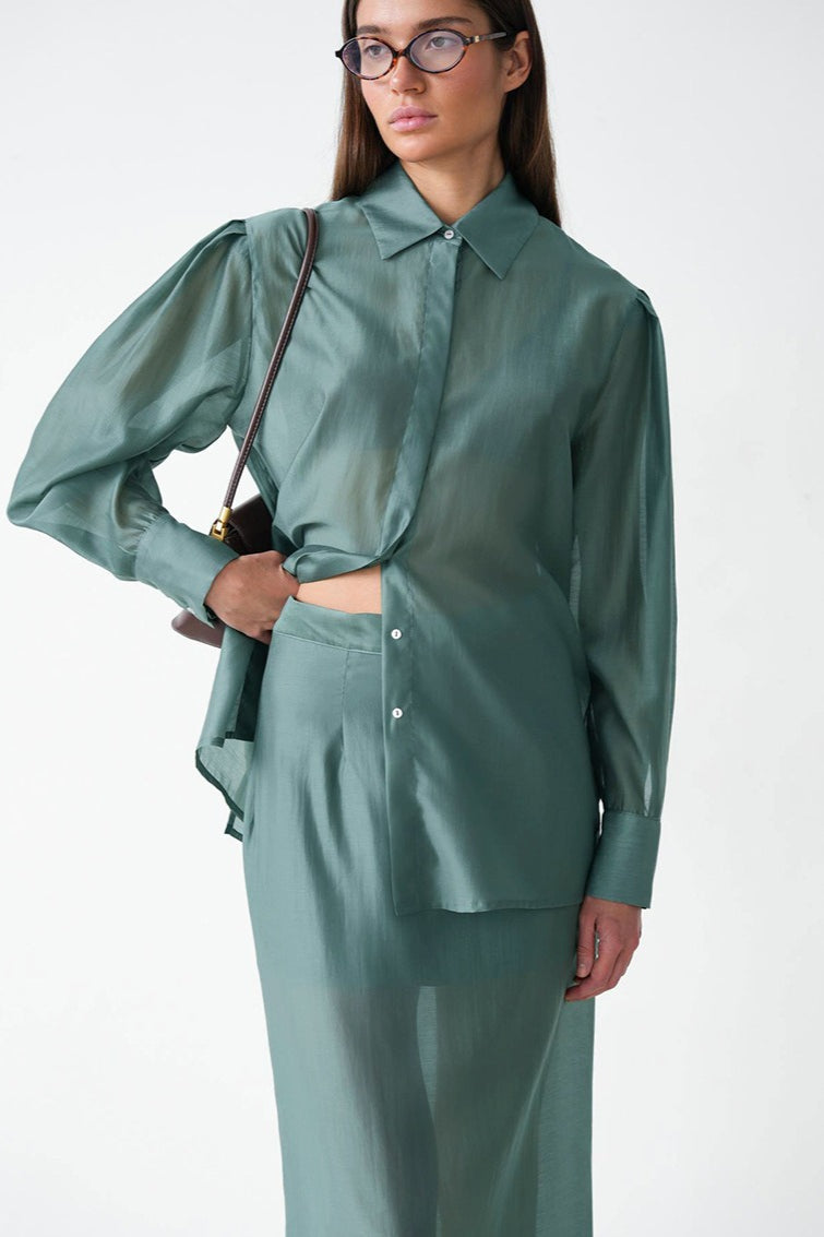 Vintage Collared Tencel Shirt Dress Two Piece Set