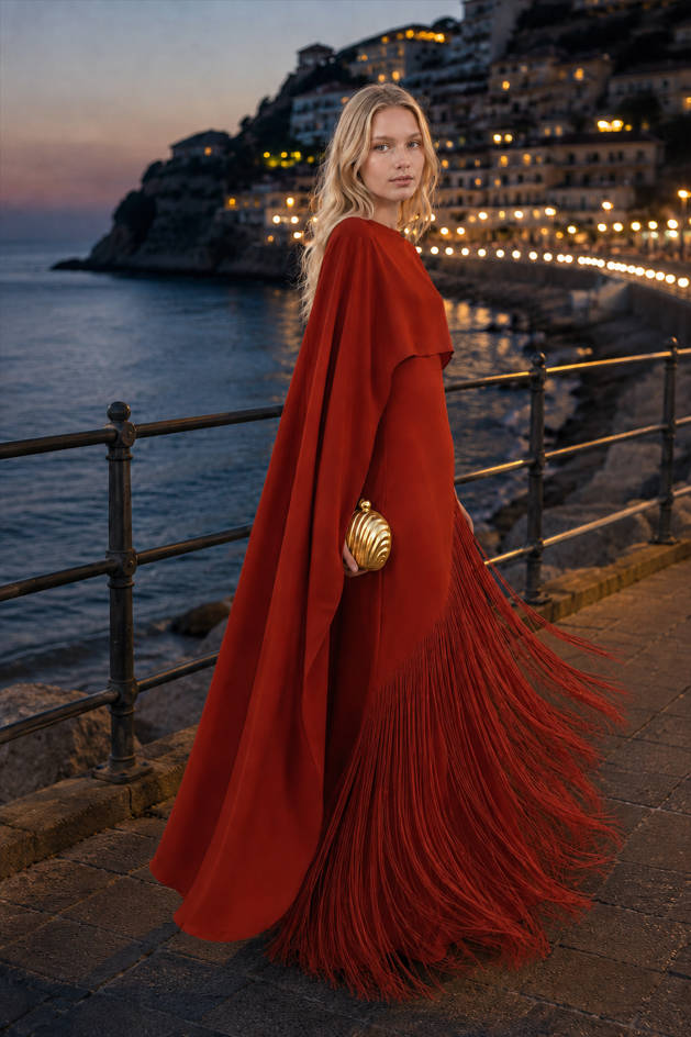 High Neck Long Sleeve Caped Fringe Maxi Gown