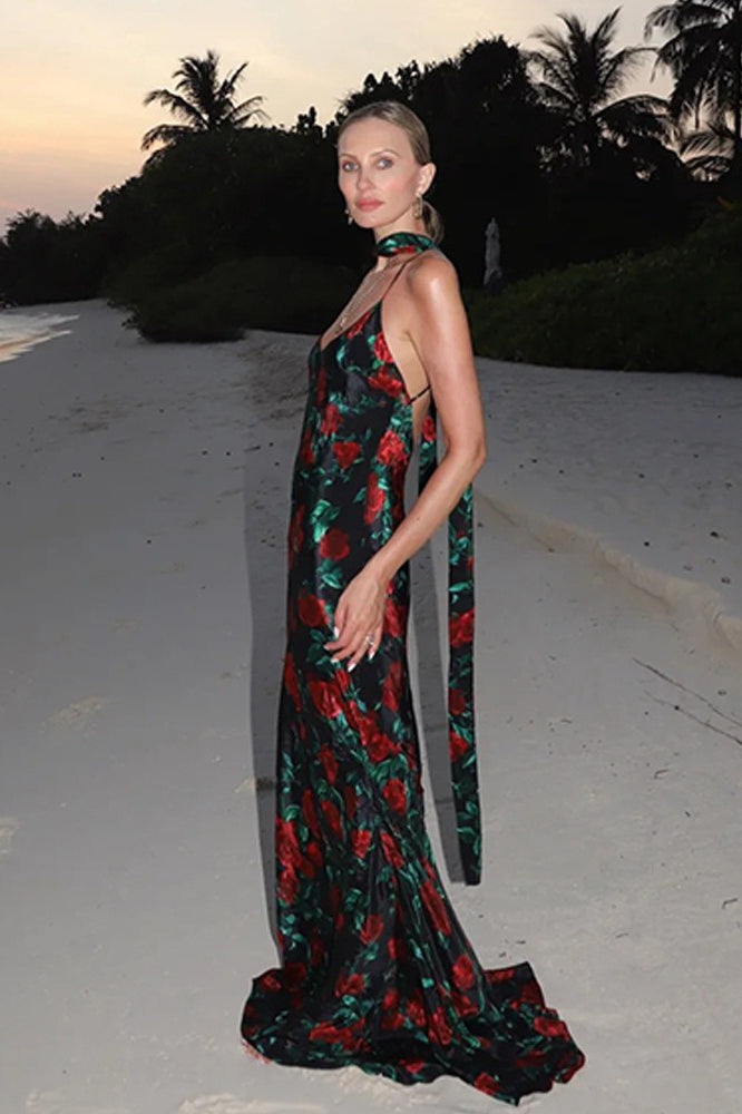 Floral Deep V Backless Maxi Dress