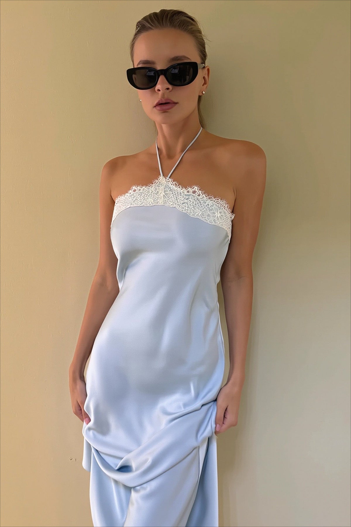 Satin Lace-Trim Halter Neck Bias Midi Dress