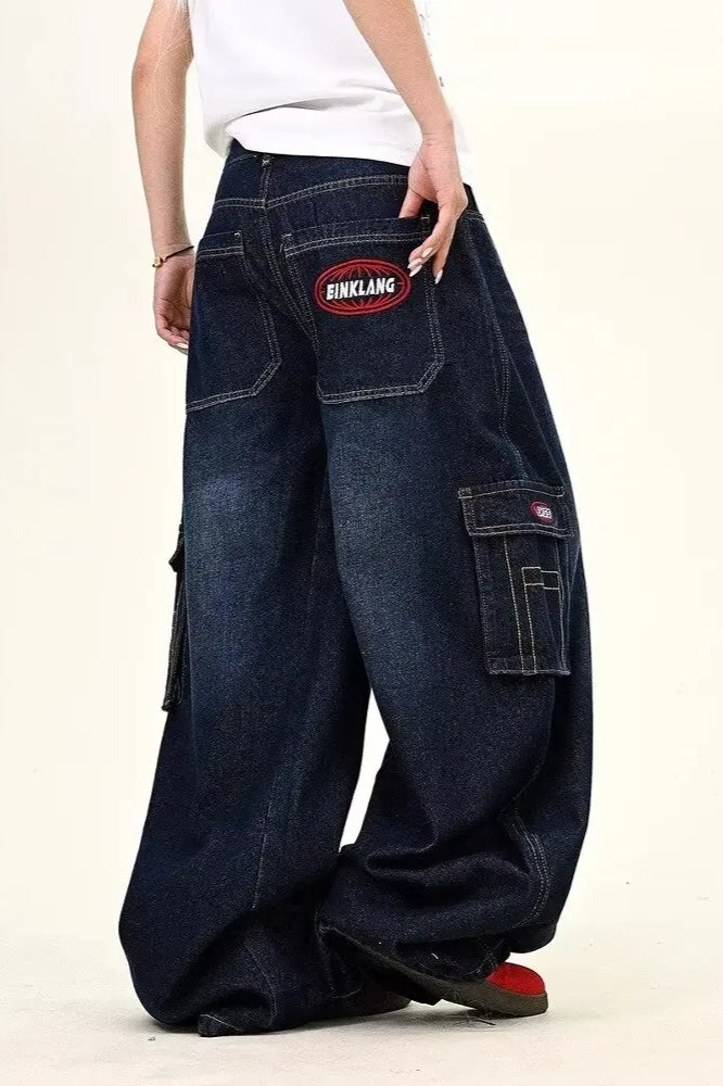 Dark Blue Cargo Wide-Leg Jeans