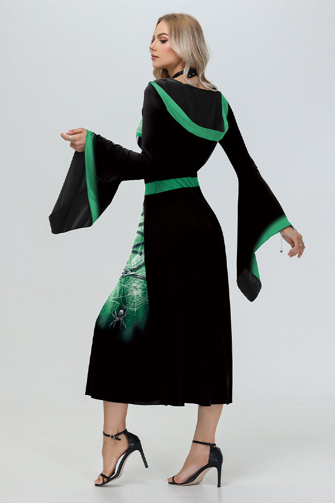 Witch Hooded Skeleton Spider Print Maxi Dress