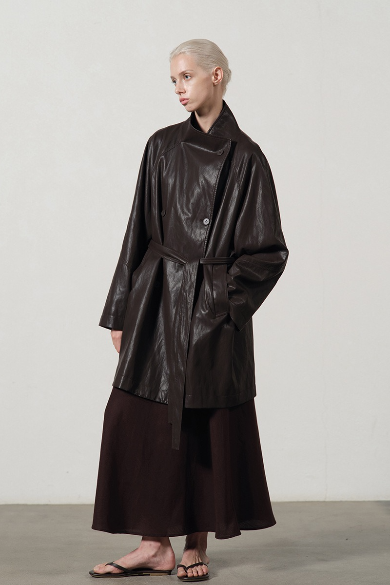 PU Leather Mid Length Trench Style Overcoat - Fashionpara