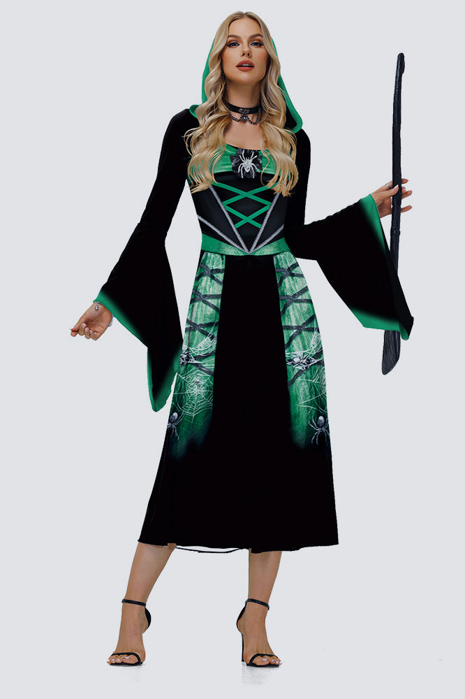 Witch Hooded Skeleton Spider Print Maxi Dress