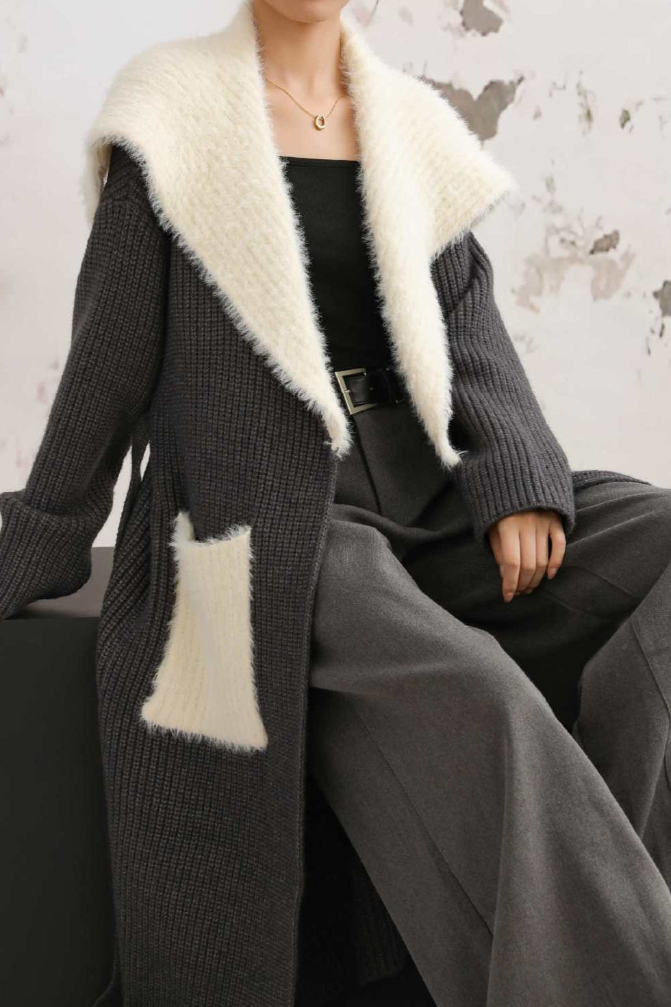 Faux Fur Collar Long Patchwork Loose Knit Overcoat