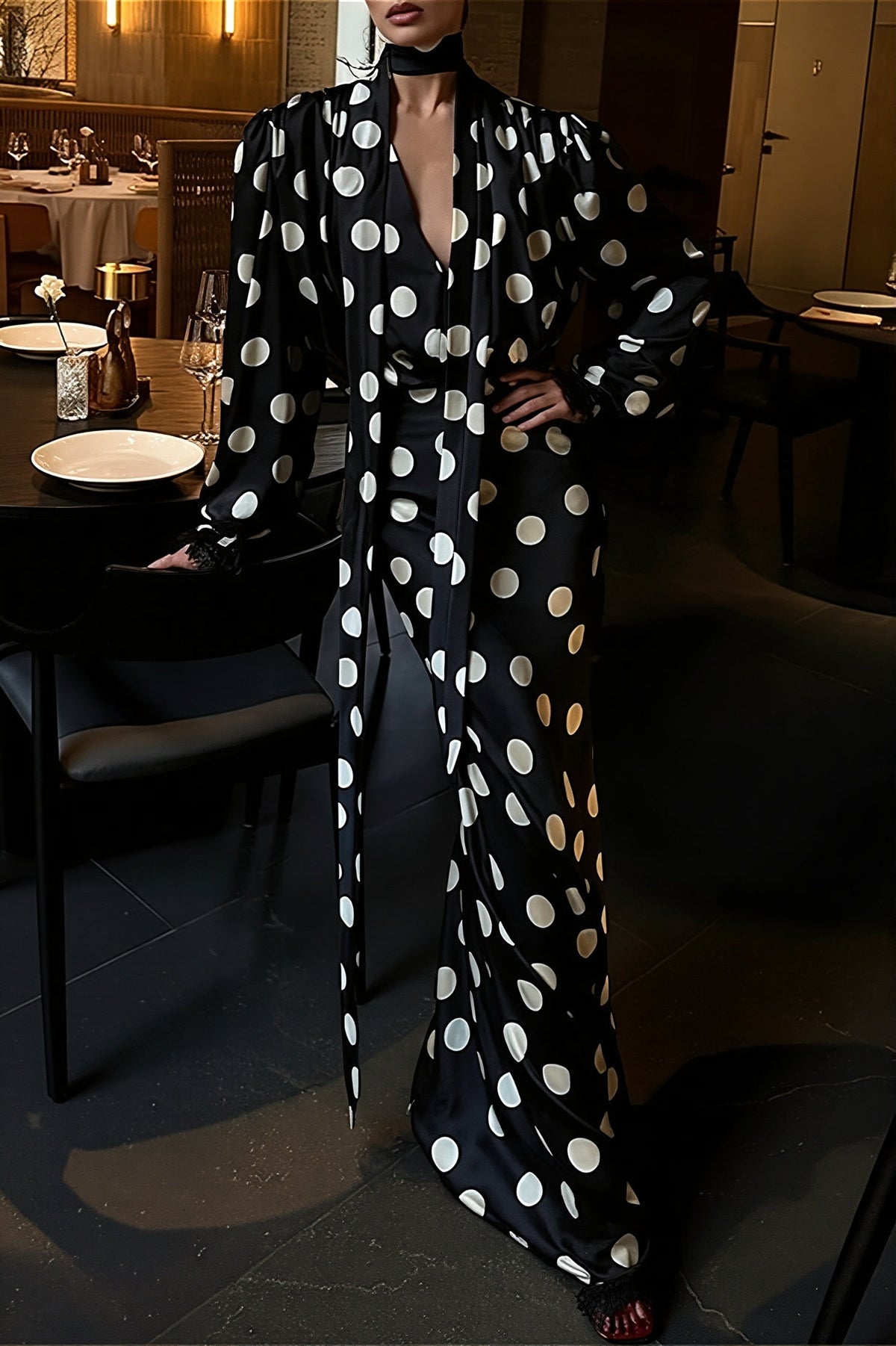 Polka Dot Keyhole Balloon Sleeve Mermaid Gown 8