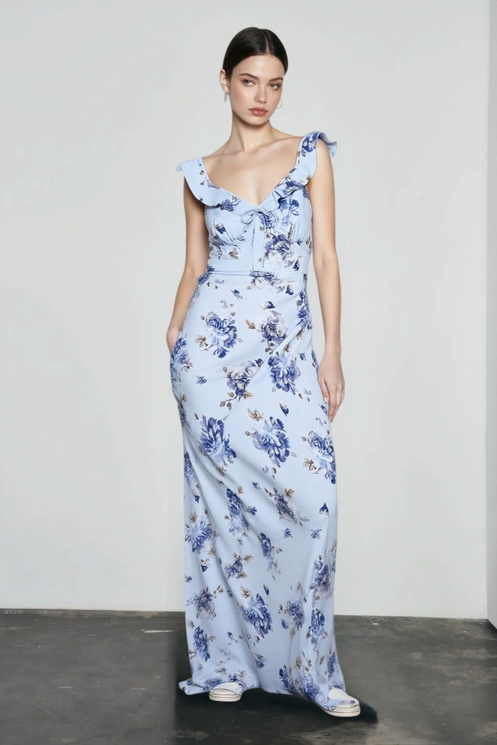 Floral V-Neck Ruffle Trim Tie Front Slip Maxi Dress 5