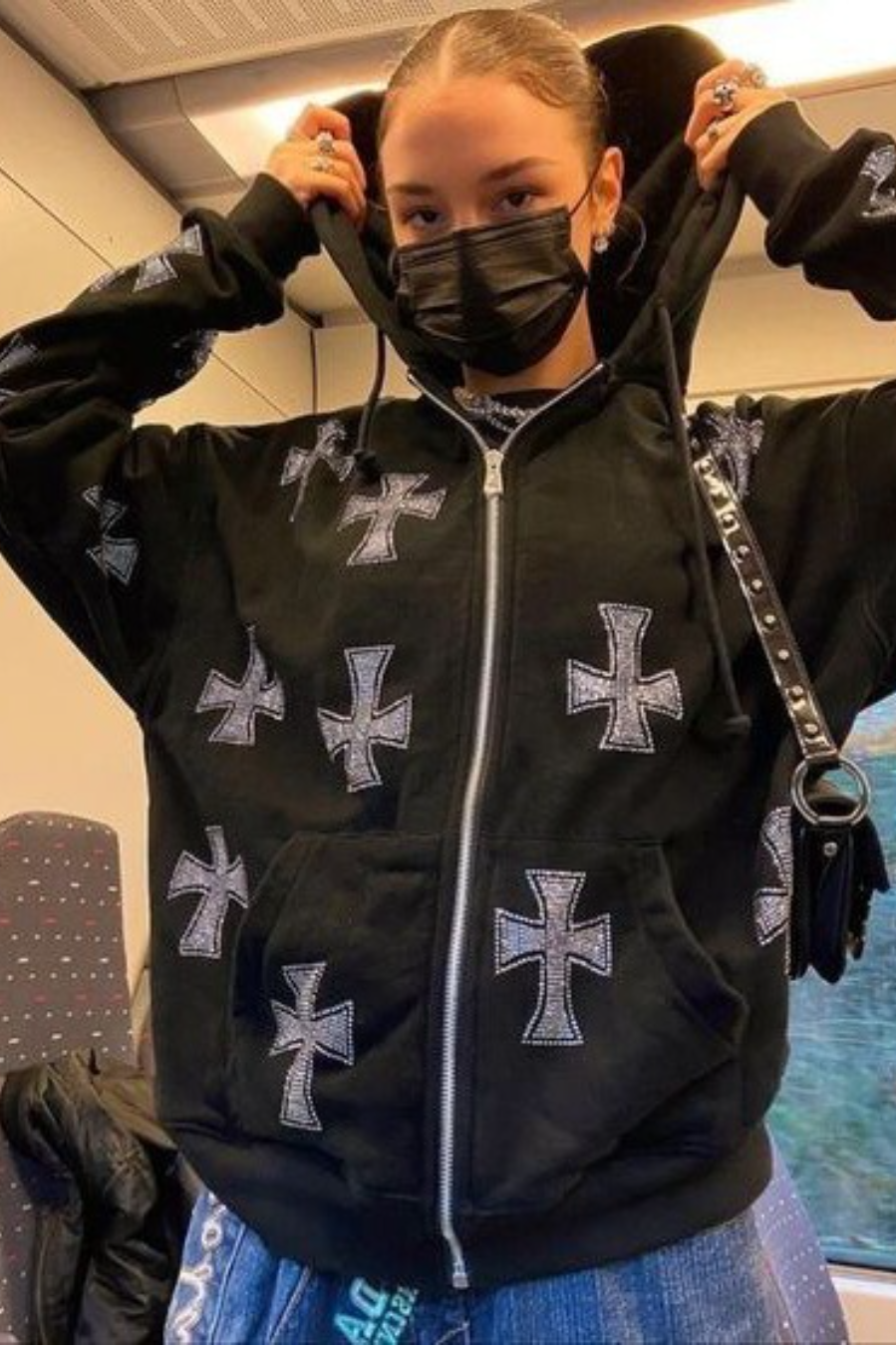Casual Loose Rhinestone Hooded Zip Hoodie