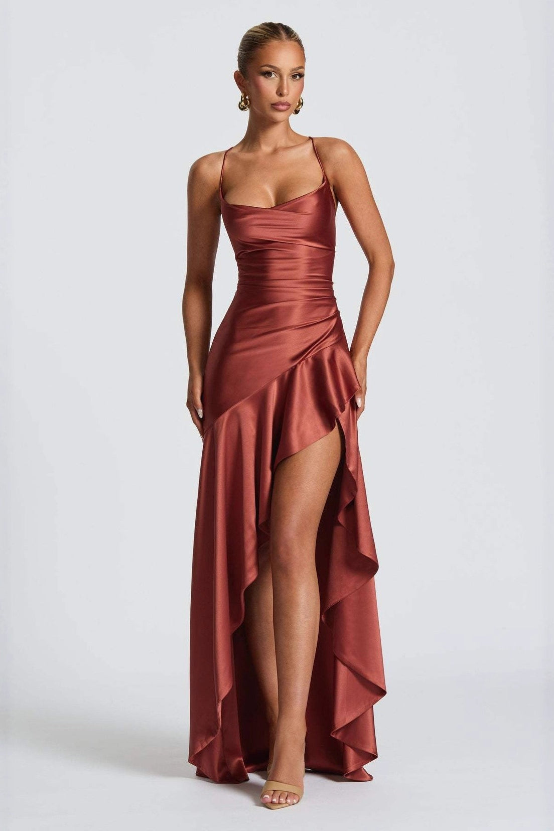 Satin Spaghetti Strap Backless Tie Elegant Sexy Formal Dress