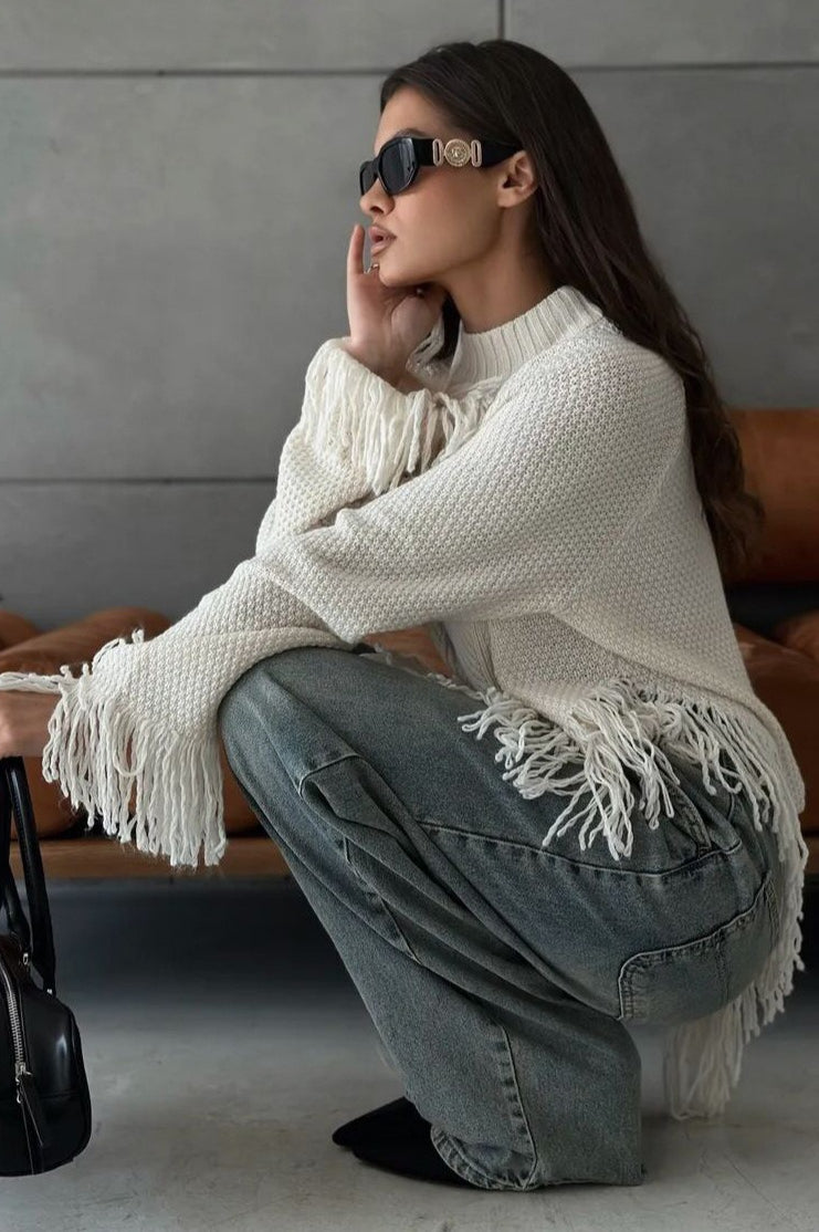 Fringe Round Neck Knit Asymmetric Blouse