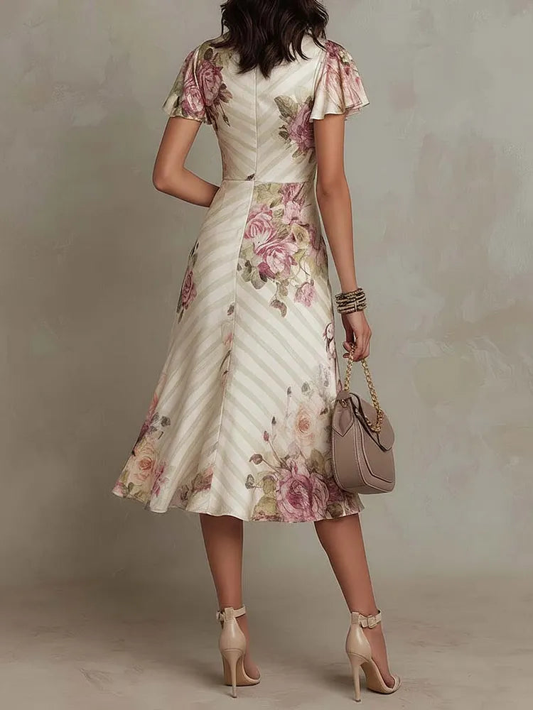 V-Neck Flutter Sleeve Ruched Floral Midi Dress 3