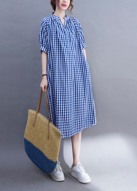 Gingham Check Mandarin Collar V-Neck Half Sleeve A-Line Midi Dress