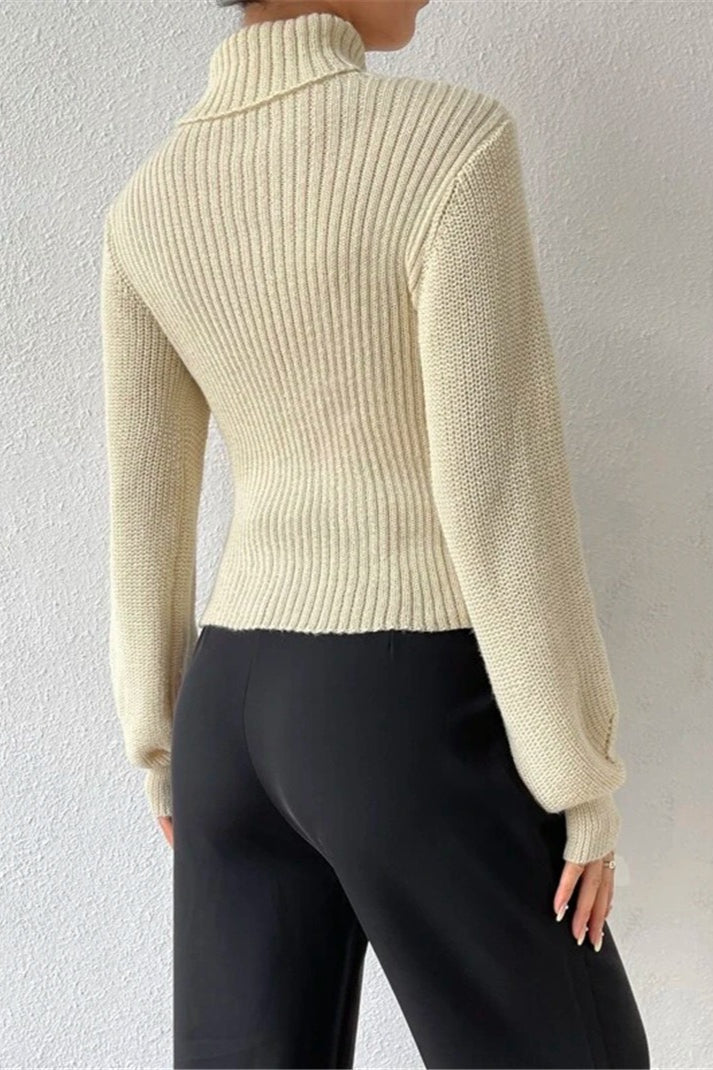 Cutout Turtleneck Balloon Sleeve Knit Sweater