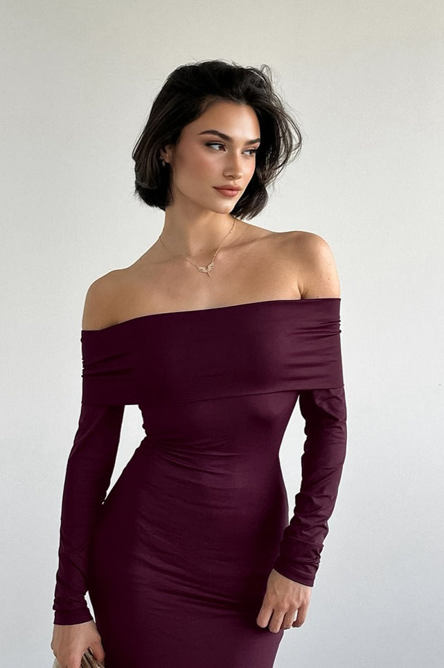 Vintage Solid Off-the-shoulder Bodycon Maxi Dress
