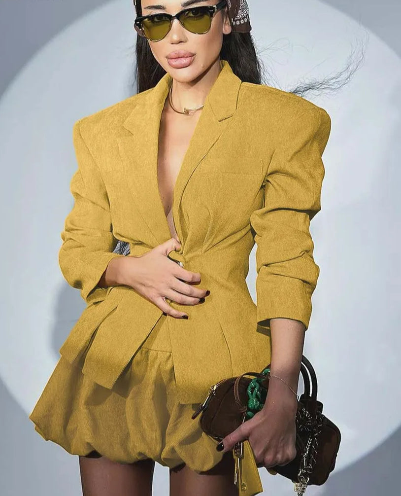 Black Pockets Single Button Pleated Office Two Piece Set