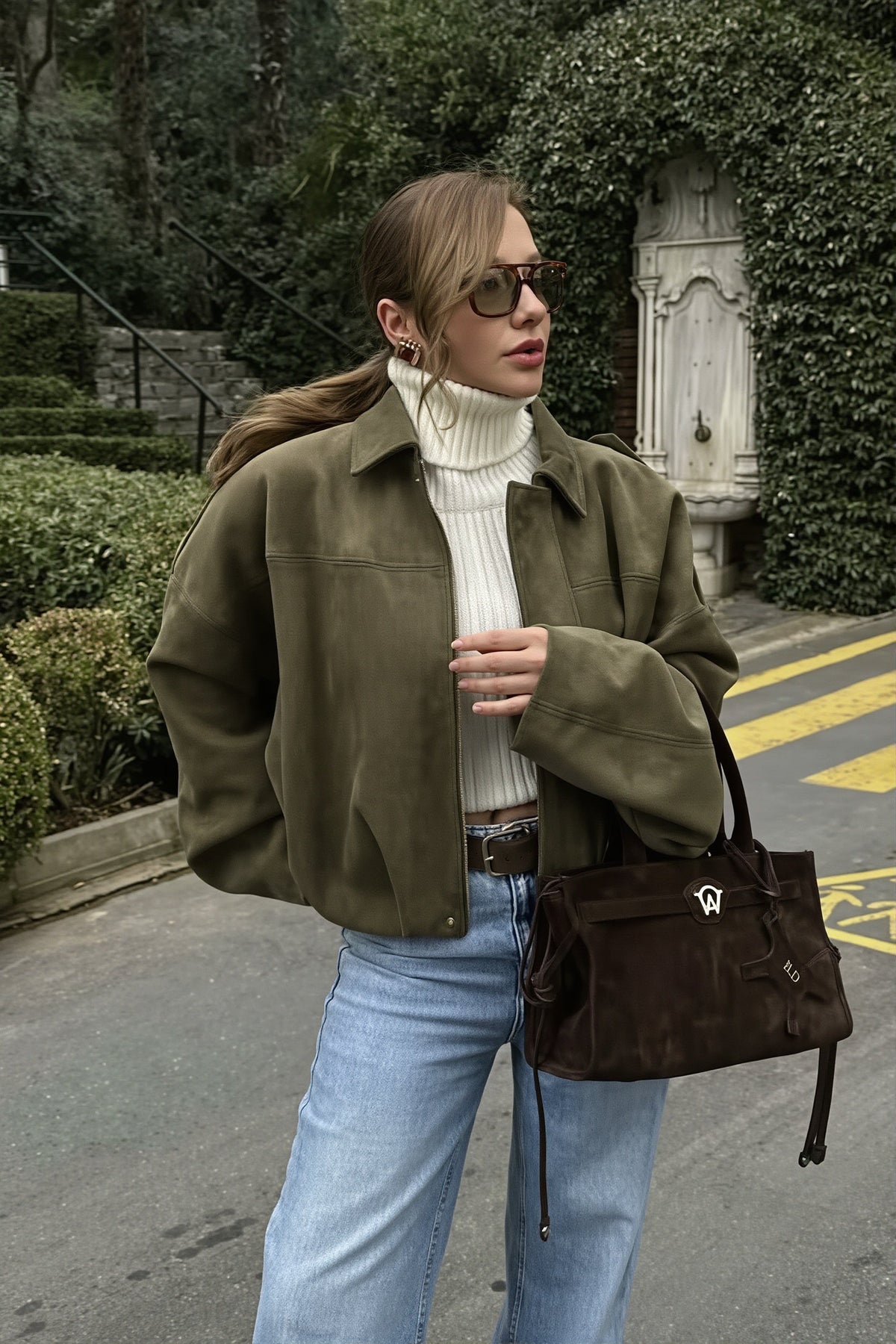 Solid Suede Look Balloon Hem Zip Jacket