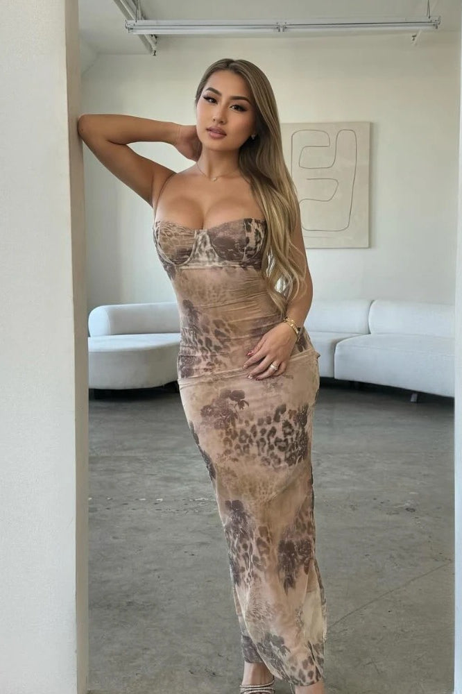 Spaghetti Strap Leopard Maxi Dress