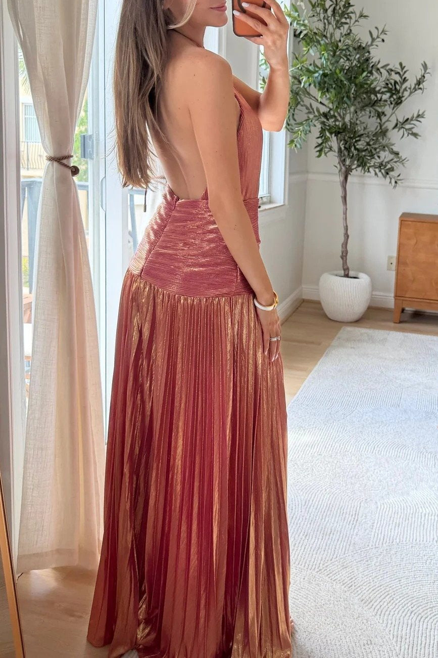 Metallic Pleated Halter Neck High Split Gown
