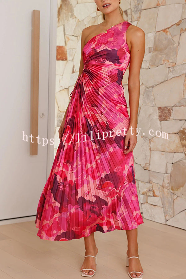 Laken Floral Print One Shoulder Adjustable Tie Cutout Pleated Maxi Dress - Fashionpara