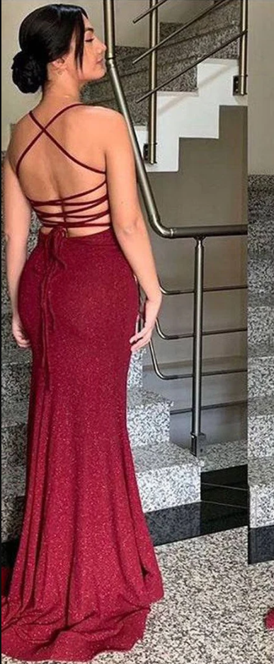 Pretty Sheath Spaghetti Straps Burgundy Slit Long Evening Dress Prom Dresses SD1731