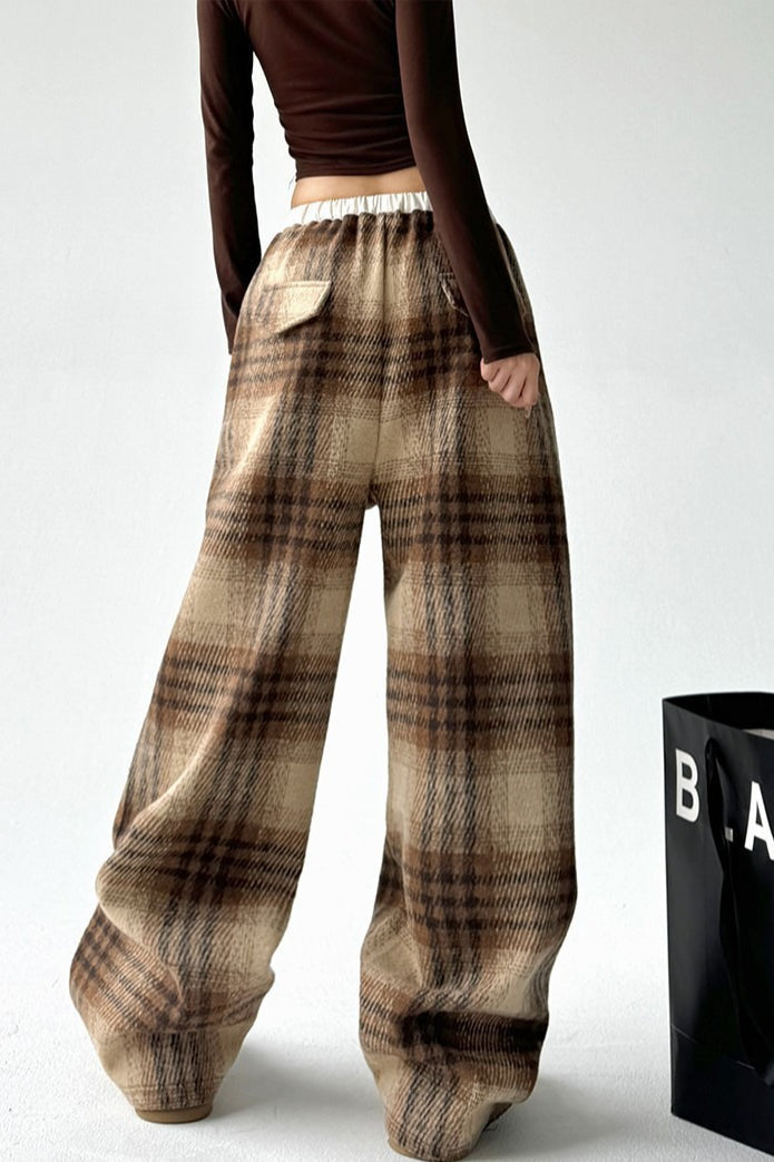 Loose Fit Woolen Plaid Wide Leg Pants