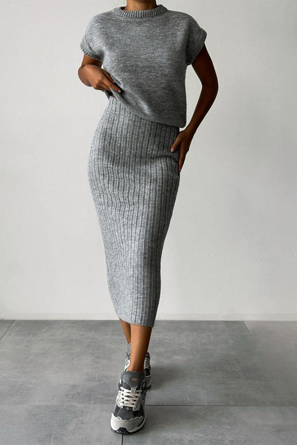 Triko Knit Short Sleeve Sweater with Ribbed Midi Skirt Set