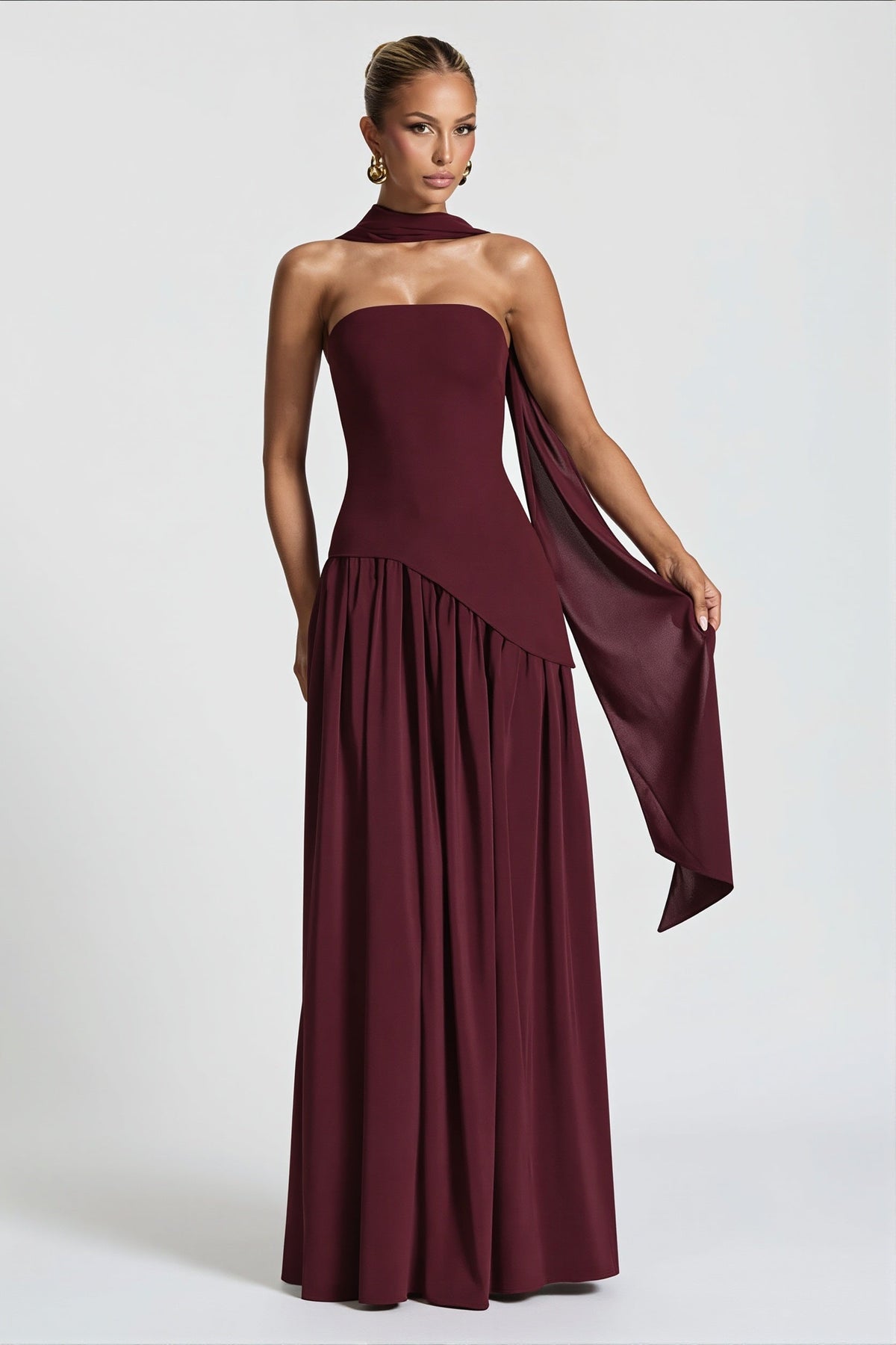 Strapless Scarf Detail Slit Maxi Dress 8