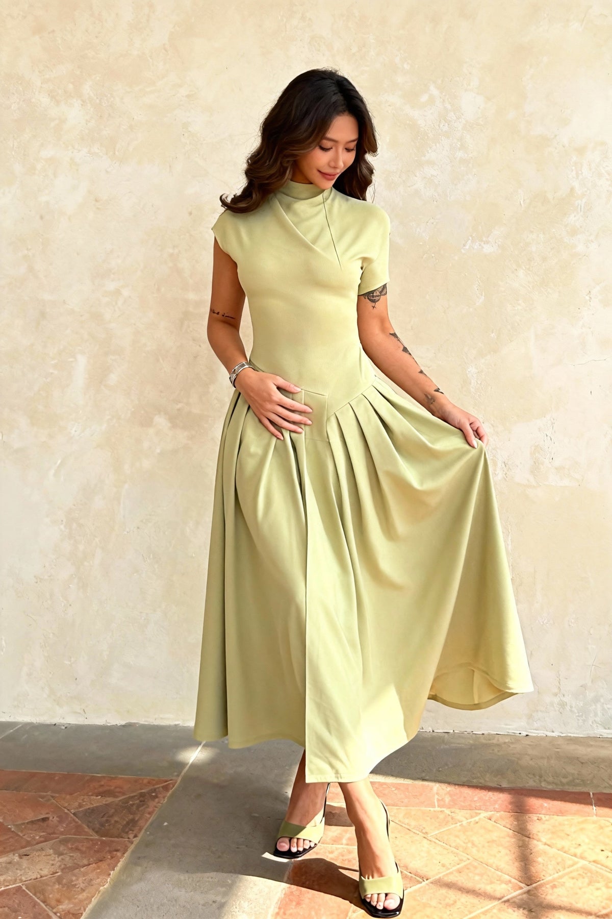 Asymmetric Neckline Ruched Waist Pleated Midi Dress