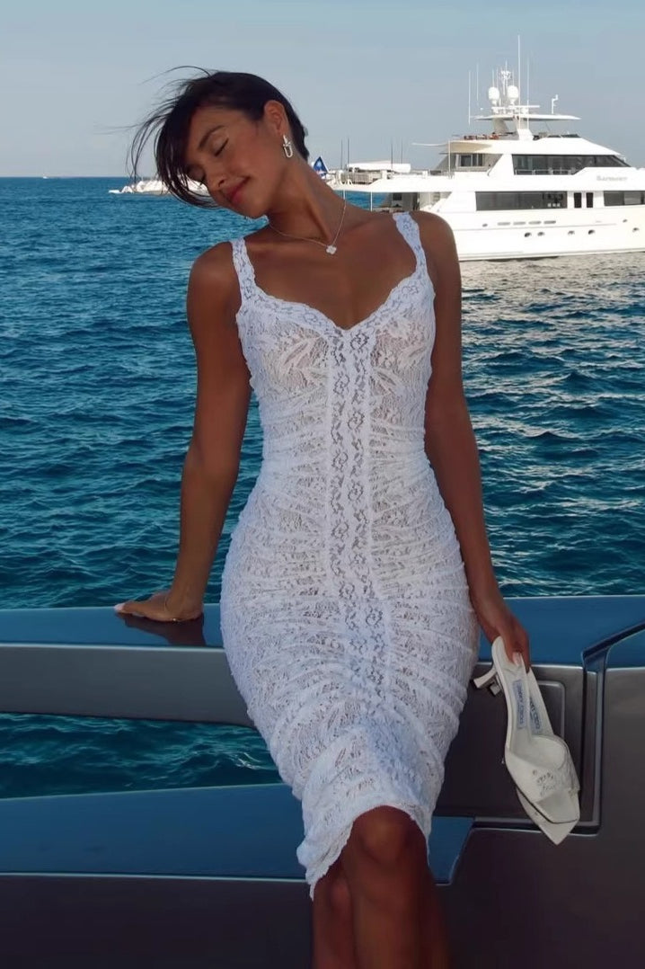 Floral Lace Sweetheart Ruched Bodycon Dress