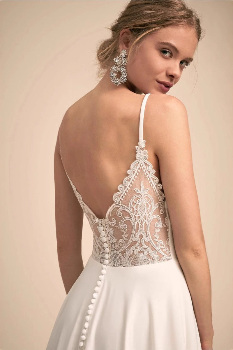 Lace Low Back Button A-Line Wedding Gown 3