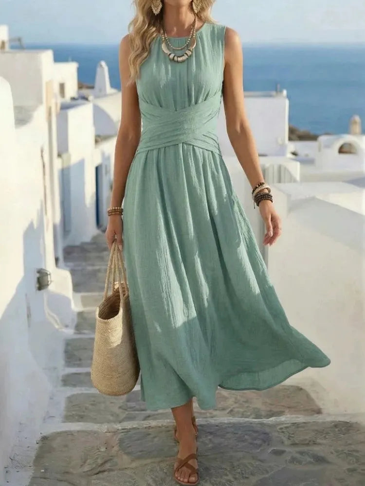 Crew Neck Sleeveless Cross Waist Fit and Flare Midi Dress 2