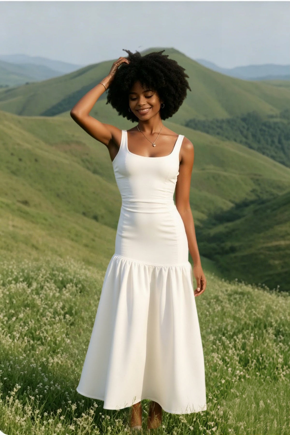 Square-Neck Sleeveless Drop-Waist Flared Midi Dress
