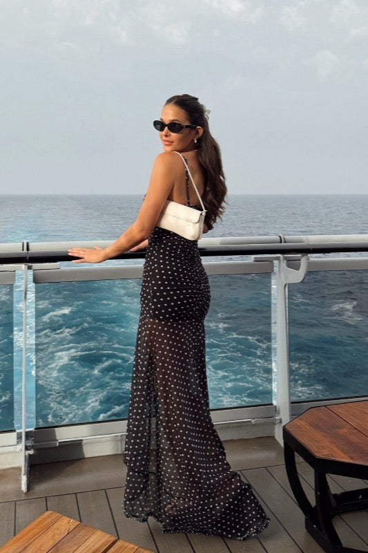 Polka Dot Ruched Lace Mesh Cami Maxi Dress - Fashionpara