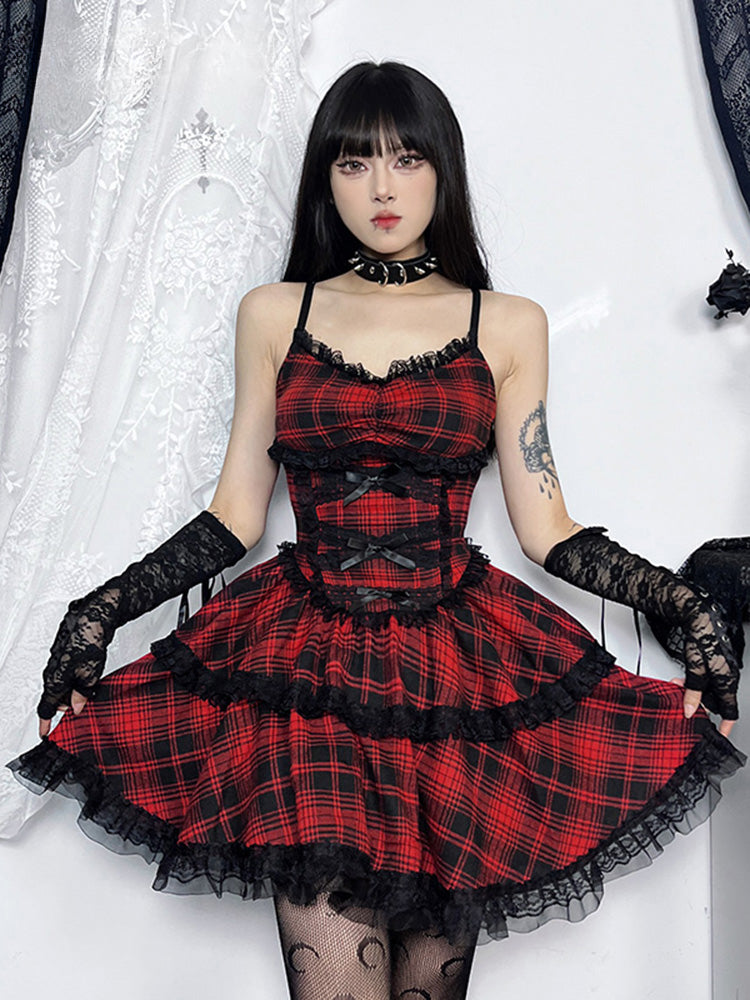 Plaid Lace-Up Corset Tiered Ruffle Mini Dress