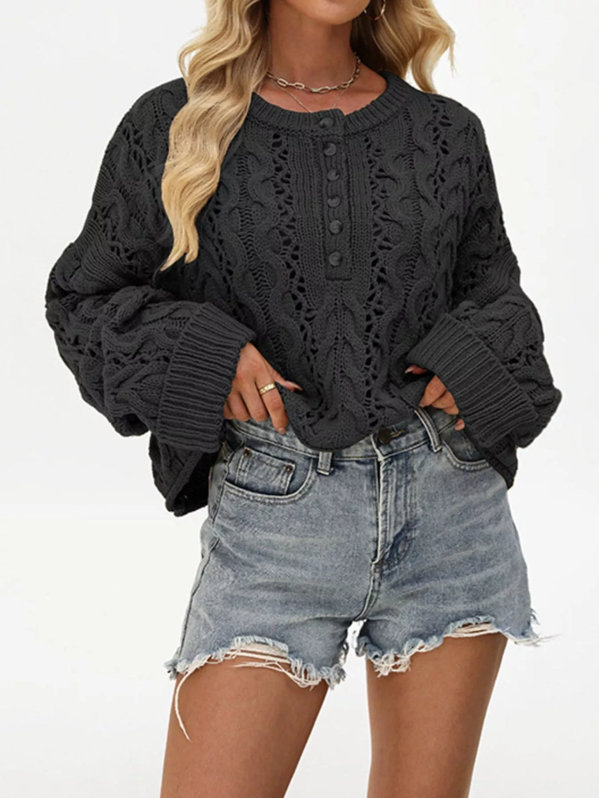 Cable Knit Half-Button Openwork Sweater 5