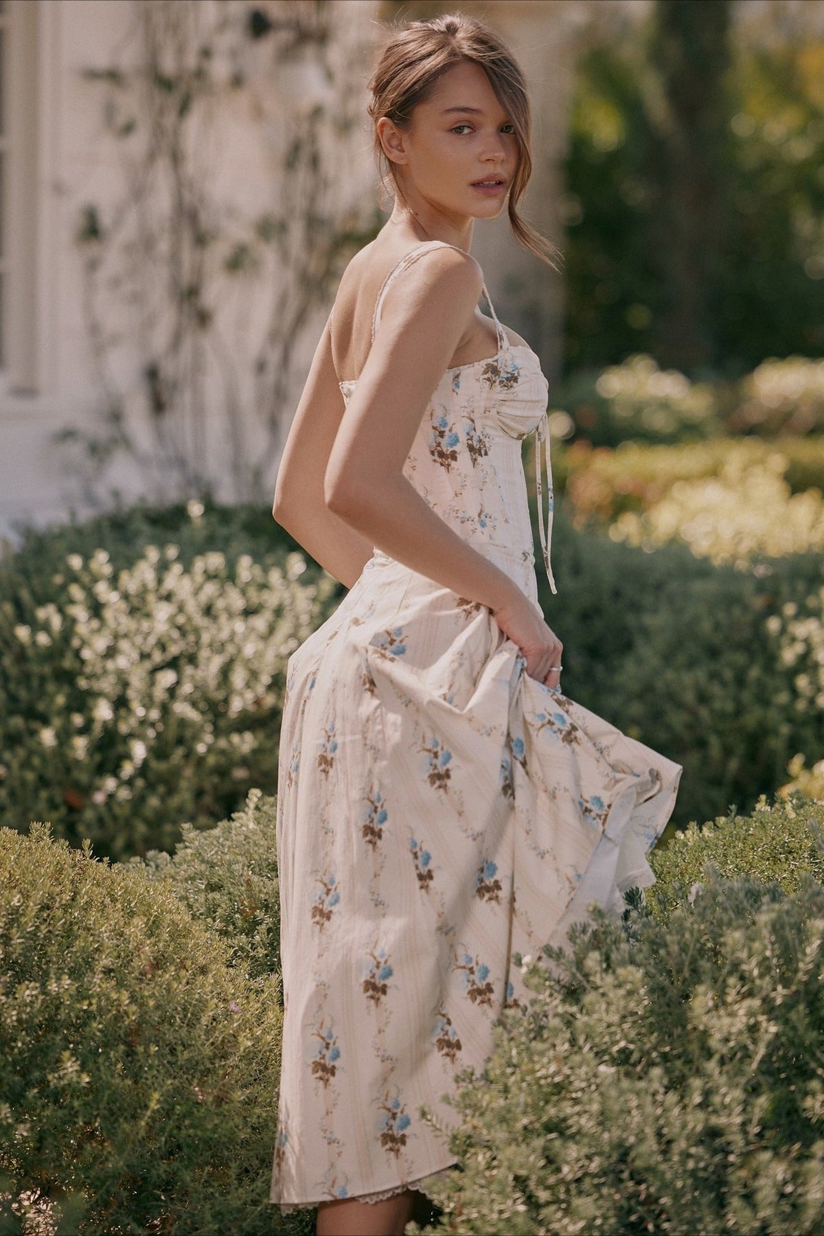 Floral Print Sweetheart Lace Trim Corset Midi Dress