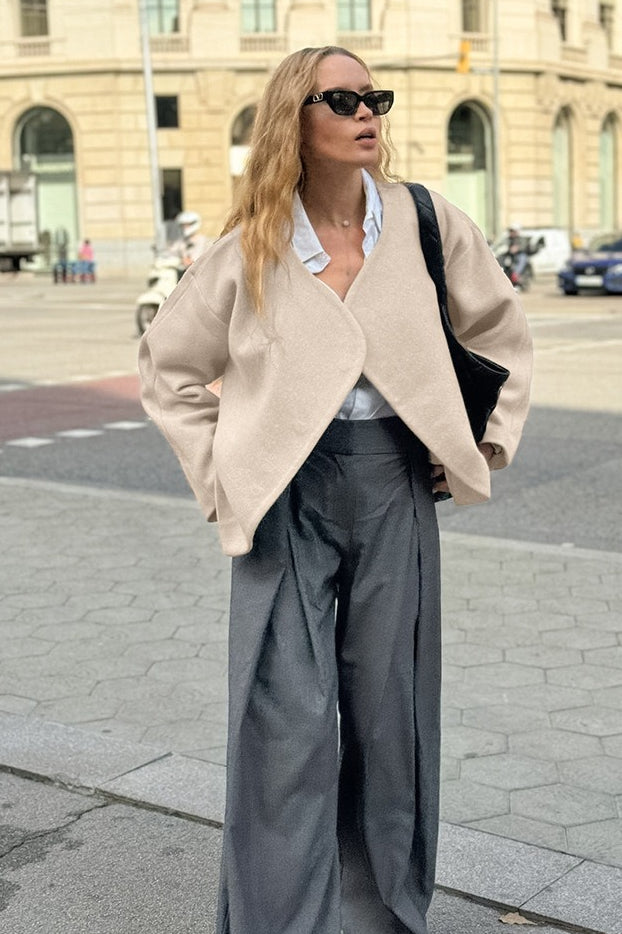 Khaki V Neck Asymmetric Wool Blend Coat - Fashionpara