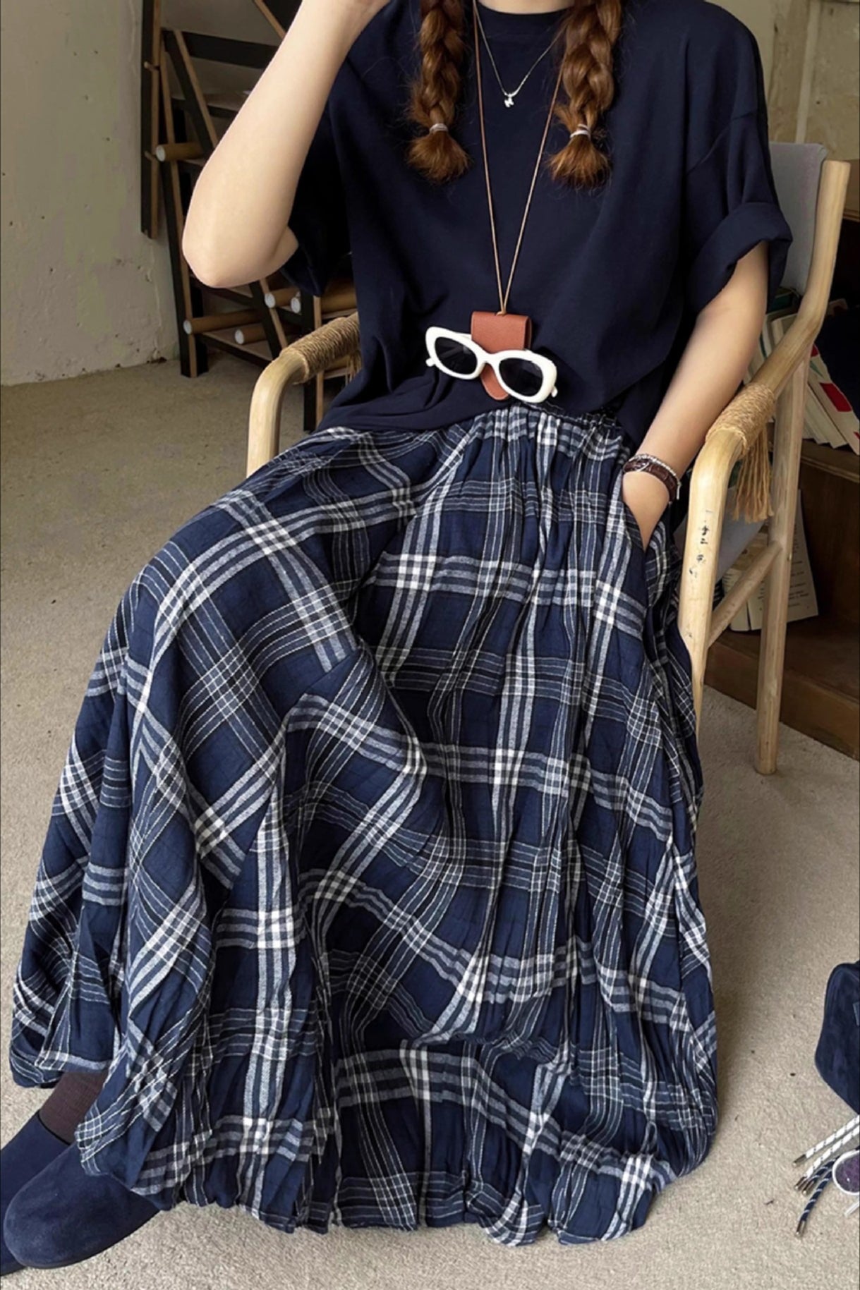 Vintage High-Waist Plaid Flared Skirt