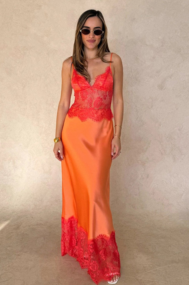 Lace-Bodice Spaghetti Strap Satin Slip Maxi Dress