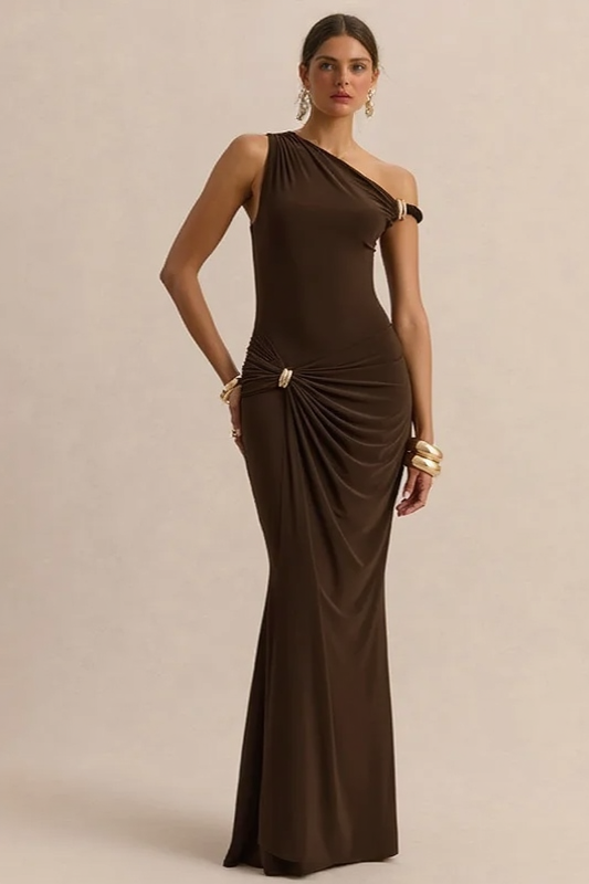One Shoulder Ruched Waist Fishtail Gown 2