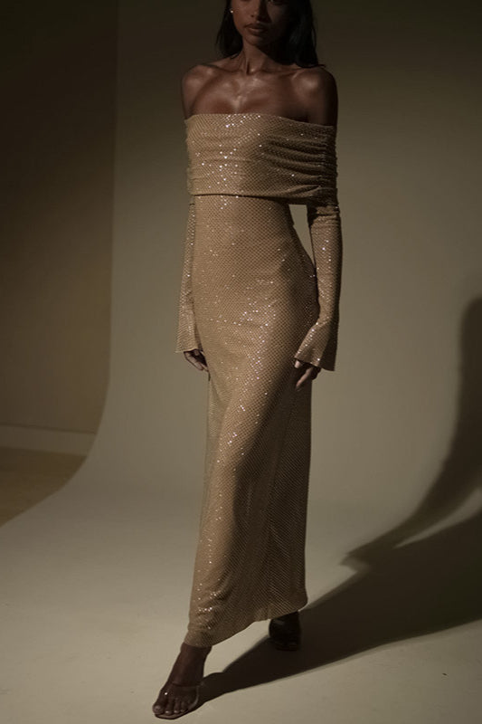 Metallic Trim Slimming Off-Shoulder Bodycon Party Dress