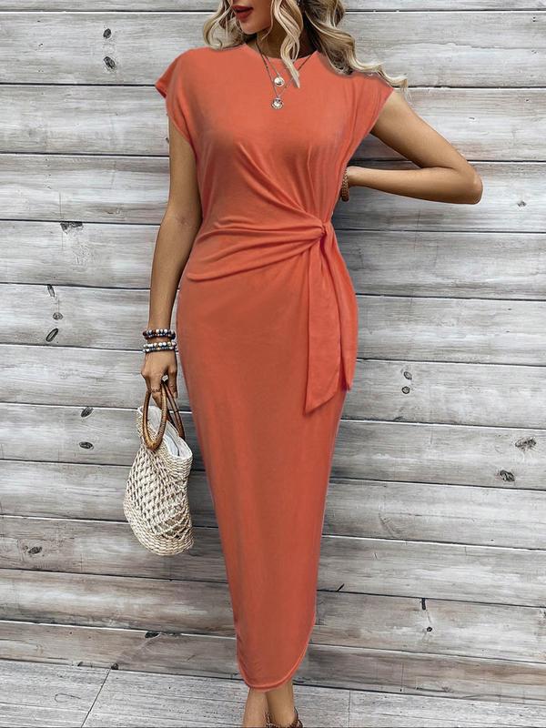 Striped Mock Neck Short Sleeve Twist Waist Bodycon Midi Dress 17