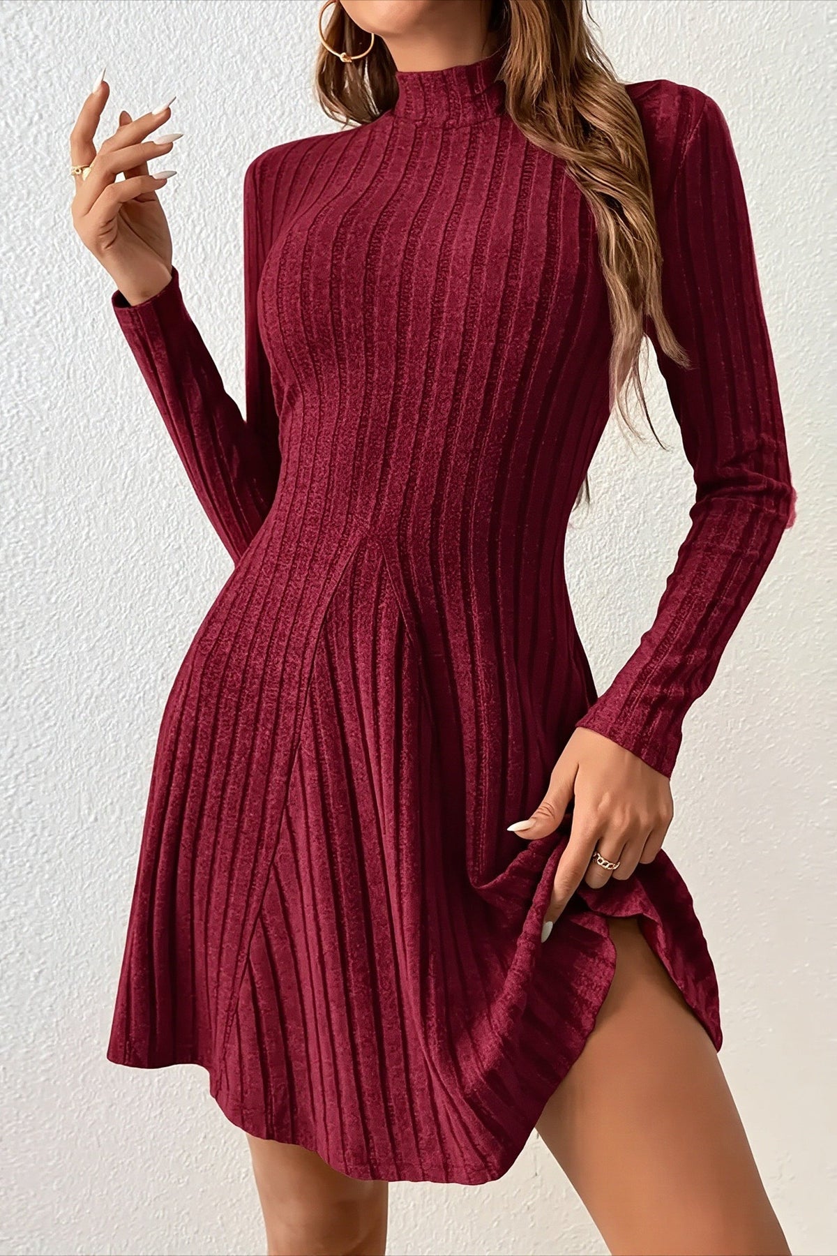 Ribbed Knit Mock Neck Long Sleeve Skater Mini Dress