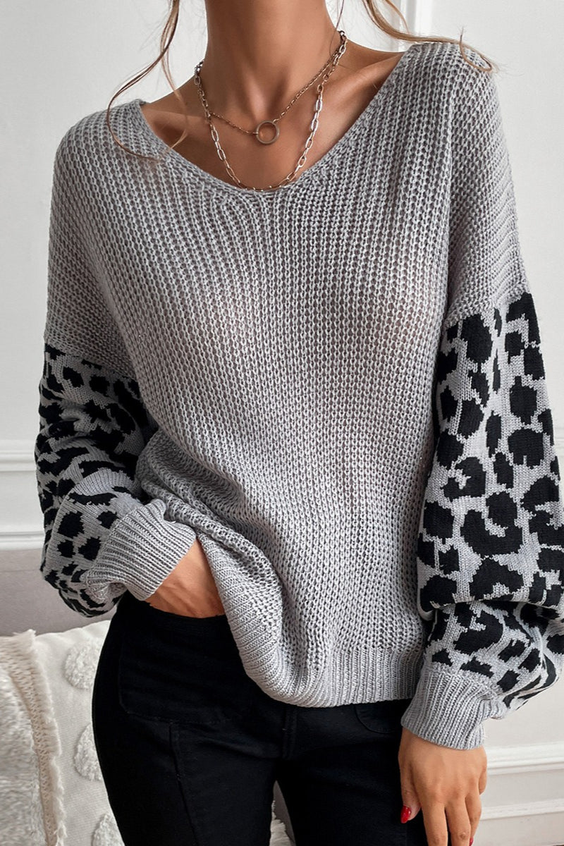 Slouchy Leopard Splice Knit Sweater for Effortless Style