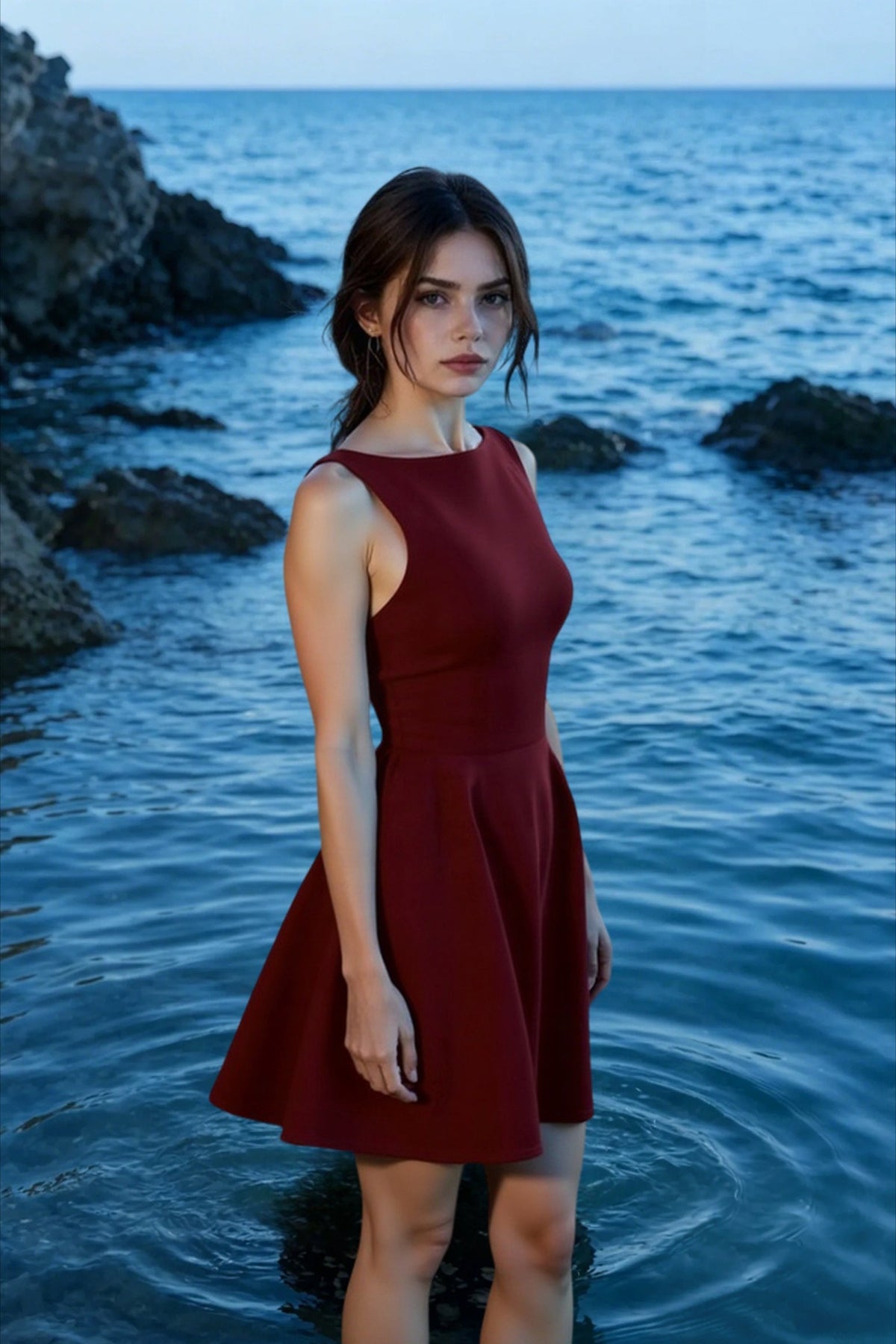 Crepe Boat Neck Sleeveless Fit & Flare Mini Dress